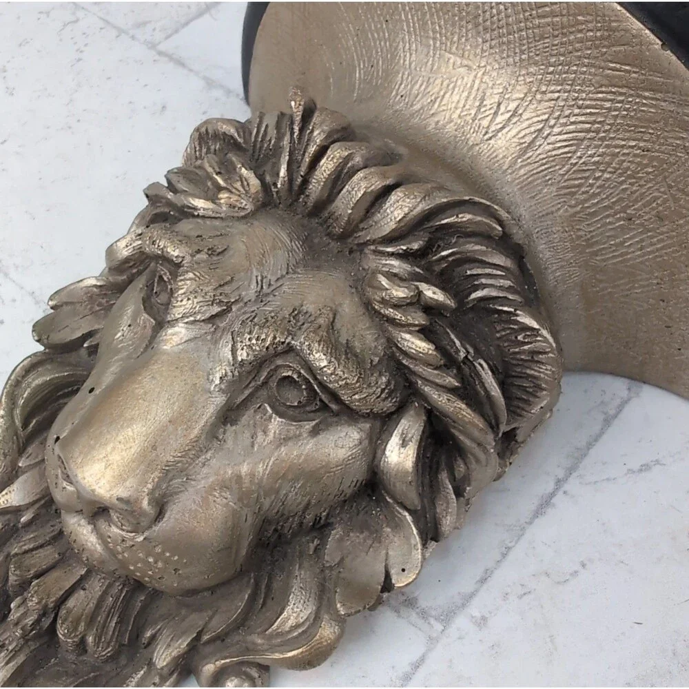 Vintage Lion Head Wall Shelf  9” Gold Black Resin Hollywood Regency Neoclassical